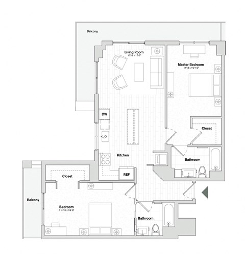 Floor plan for 2 beds, 2 baths, 1185 sqft